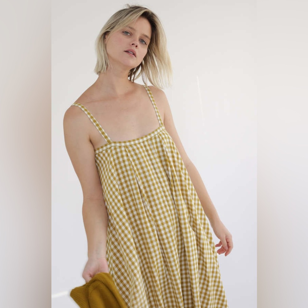AMENTE TIE BACK MIDI DRESS - MUSTARD GINGHAM New Size Medium - Picture 4 of 9